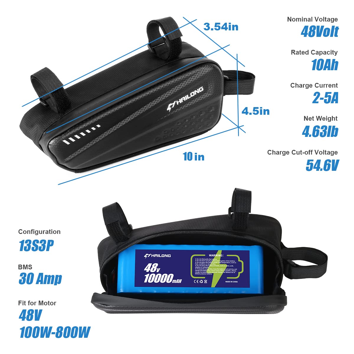 H HAILONG 48V 10ah Universal Battery Power Pack with Waterproof Case,2A Charger and BMS for 250W 500W 600W 800w Motor