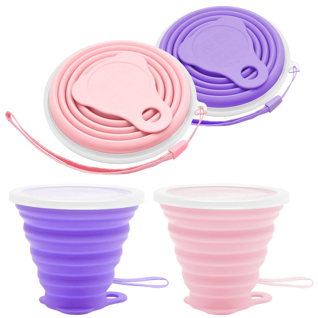 Litoexpe 2 Pack Silicone Collapsible Travel Cup Portable Folding Camping Cup Sets With Lids, Pink & Purple, Capacity 9.22Oz (270