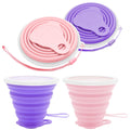 Litoexpe 2 Pack Silicone Collapsible Travel Cup Portable Folding Camping Cup Sets With Lids, Pink & Purple, Capacity 9.22Oz (270