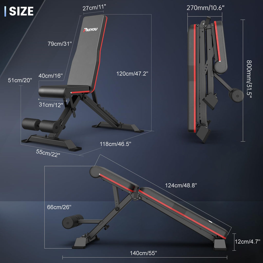 Pasyou Adjustable Weight Bench Press - 700Lbs / 318Kg Load Foldable Workout Bench, Full Body Strength Training Benches For Home