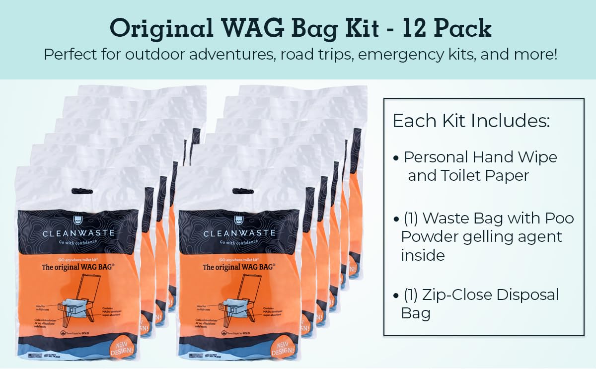Cleanwaste Original Wag Bag Portable Toilet (12 Pack) - Go Anywhere Kit For Camping, Boating, Travel - Nasa Gelling Powder For P
