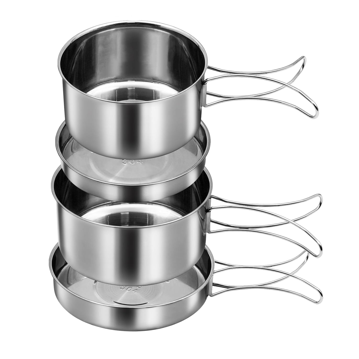 Byrm Camping Cooking Set, 4Pcs Stainless Steel Mess Cookware Kit With Foldable Handles, Portable Backpacking Cookware, Non Stick