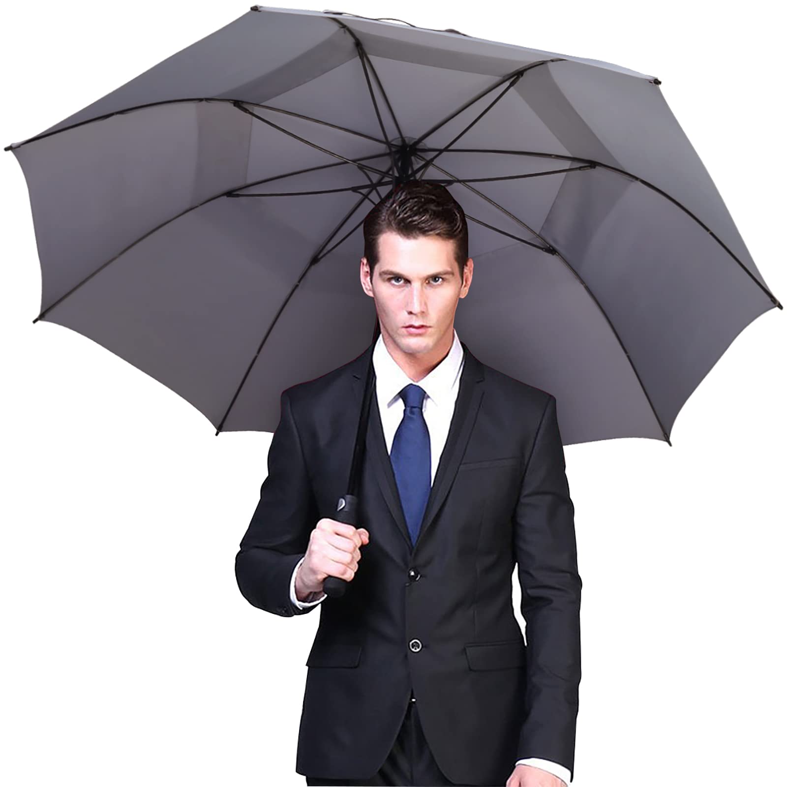 G4Free 62 Inch Automatic Open Golf Umbrella Extra Large Oversize Double Canopy Vented Windproof Waterproof Stick Umbrellas(Grey)