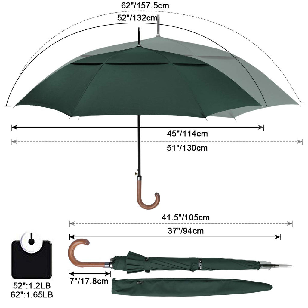 G4Free Wooden J Handle Classic Golf Umbrella Windproof Auto Open 52 Inch Large Oversized Double Canopy Vented Rainproof Cane Sti