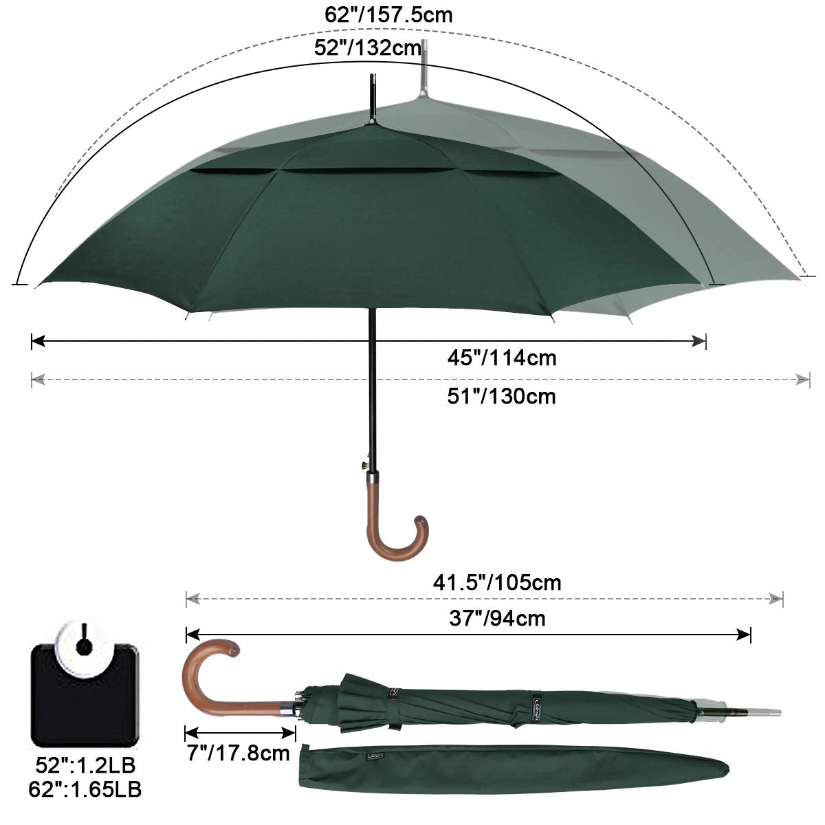 G4Free Wooden J Handle Classic Golf Umbrella Windproof Auto Open 52 Inch Large Oversized Double Canopy Vented Rainproof Cane Sti