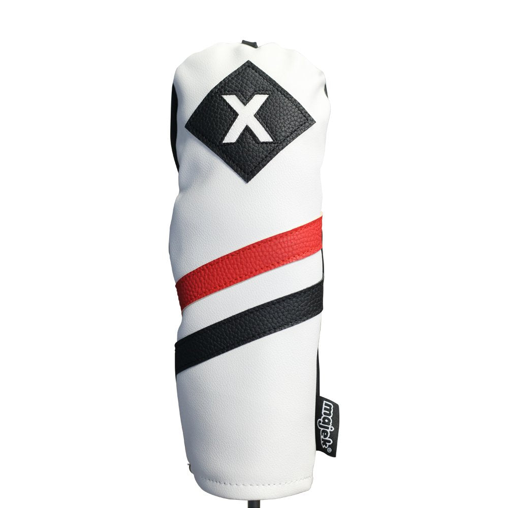 Majek Retro Golf Headcover White Red And Black Vintage Leather Style X Fairway Wood Head Cover Classic Look, Wheel Tag Includes 