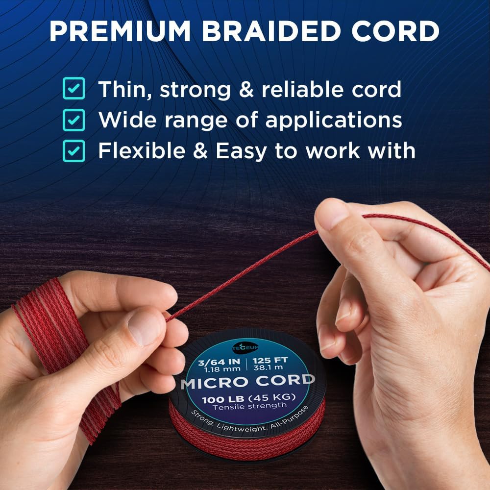 Teceum Micro Paracord - Crimson - 1.18 Mm X 125 Ft - Micro Utility Cord - Thin Braided Paracord Rope Nylon Polyester - Wind Chim