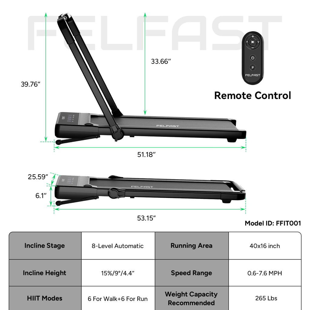 Felfast Walking Pad Treadmill With 15% 9 8 Level Auto Incline, 2-In-1 Under Desk Foldable W/Remote Control, 12 Hiit Mode, 265 Lb