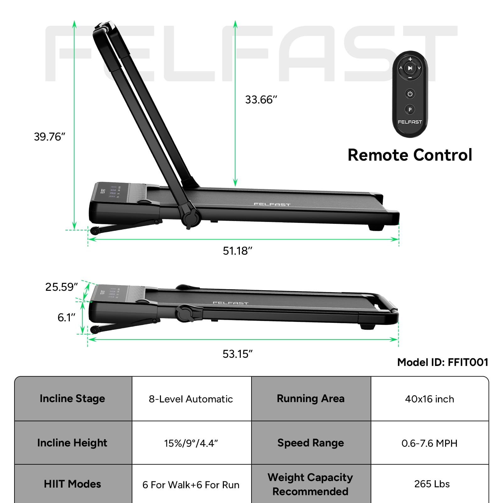 Felfast Walking Pad Treadmill With 15% 9 8 Level Auto Incline, 2-In-1 Under Desk Foldable W/Remote Control, 12 Hiit Mode, 265 Lb