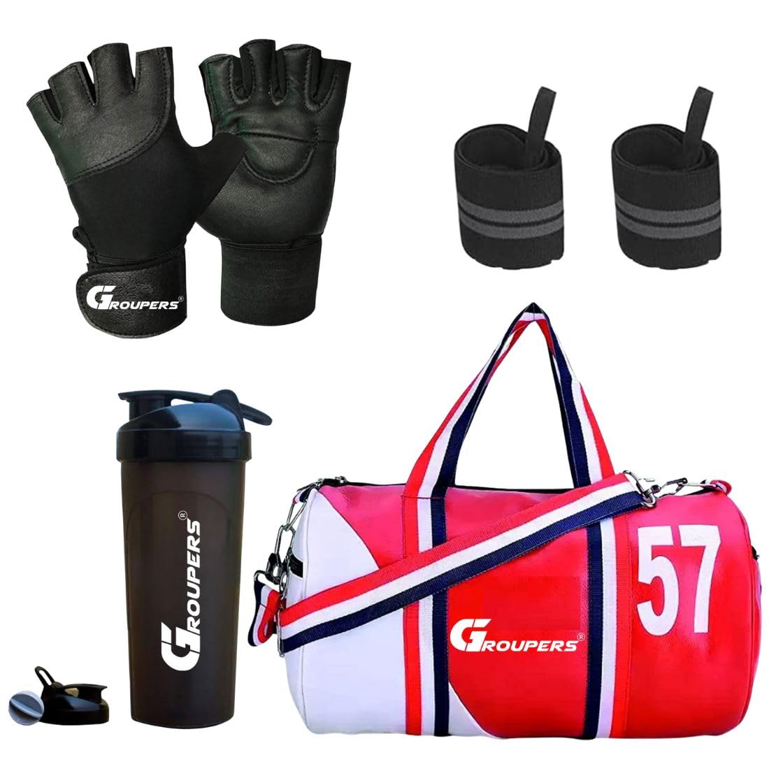 Groupers 2025L Gym & Travel Duffel Bag Red And White 432523 Cm + 700Ml Shaker + Weightlifting Gloves + Wrist Wraps, Fitness Acc