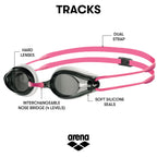 Arena Tracks Swim Goggles, White  Smoke  Fuchsia, Non-Mirror Lens