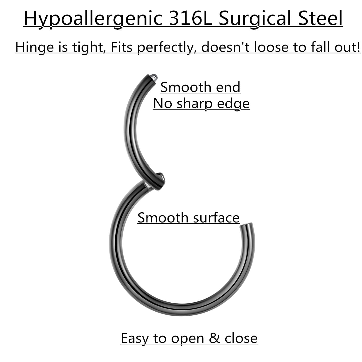 Lovebodyjewelry 2Pcs 20G 10Mm Hinged Hoop Nose Ring Black Septum Ring Clicker 316L Surgical Steel Nose Hoop 20 Gauge Cartilage E