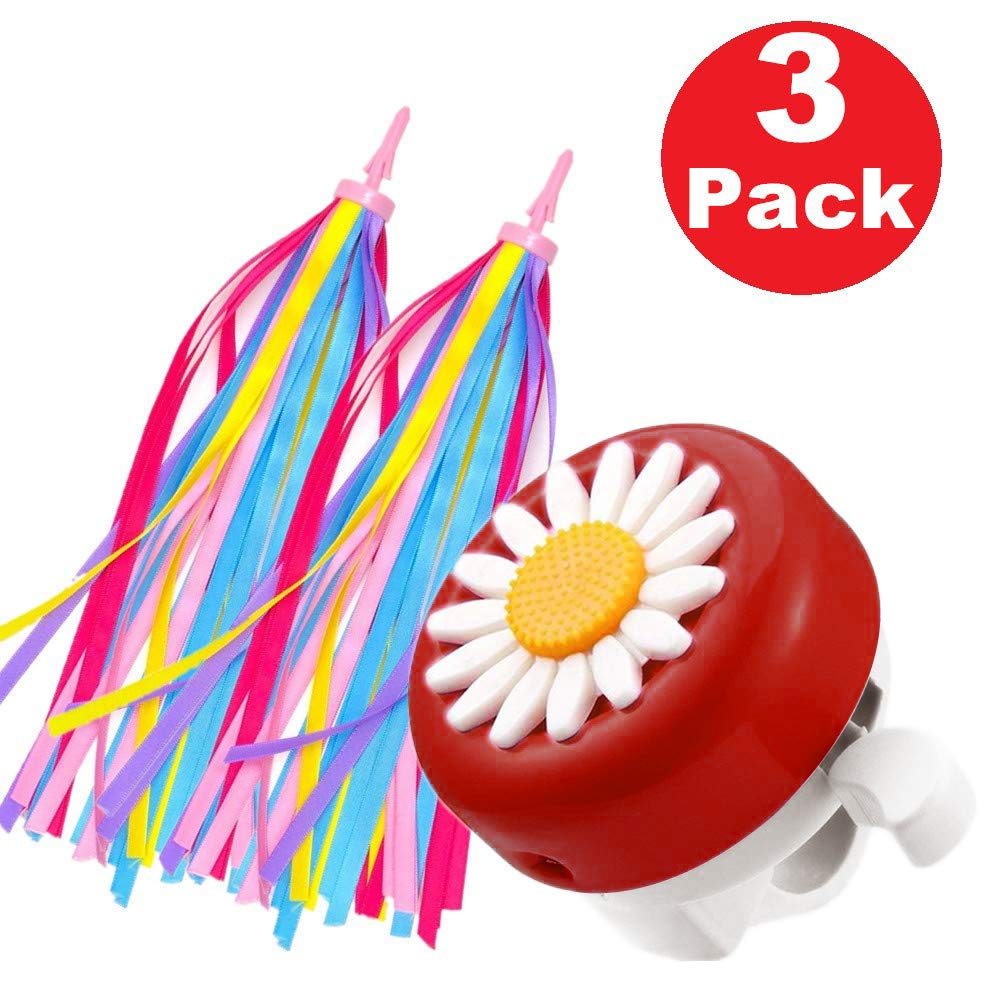 kortes 1 Pack Kids Bike Bell and 2 Pack Kids Bike Streamers for Childrens Bike Accessories (Pink, Red,& Blue) (Red & White)