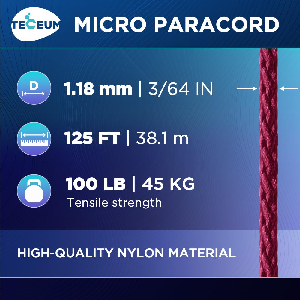 Teceum Micro Paracord - Maroon - 1.18 Mm X 125 Ft - Micro Utility Cord - Thin Braided Paracord Rope Nylon Polyester - Wind Chime