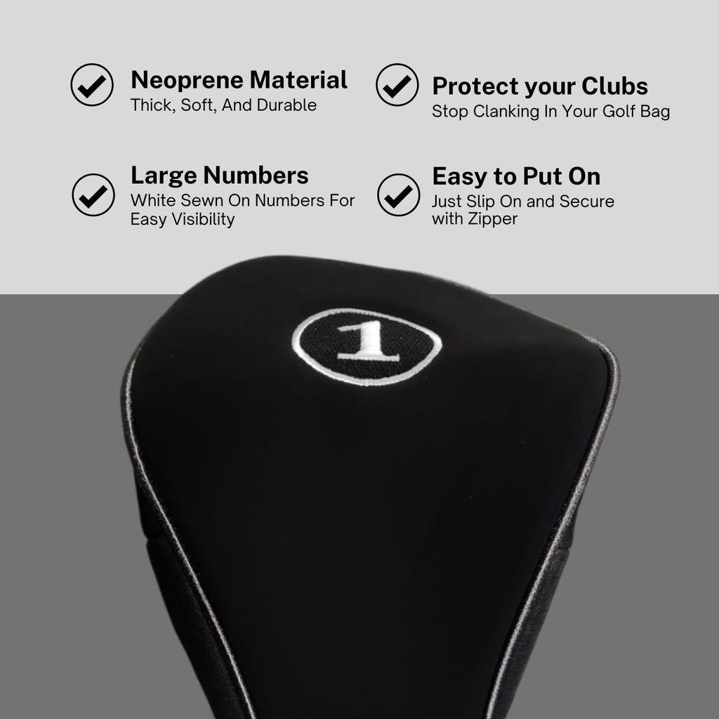 Black Golf Zipper Head Cover Driver 1 Headcover Neoprene Traditional Plain Protective Cover Fits Drivers Up To 460Cc For Golfing