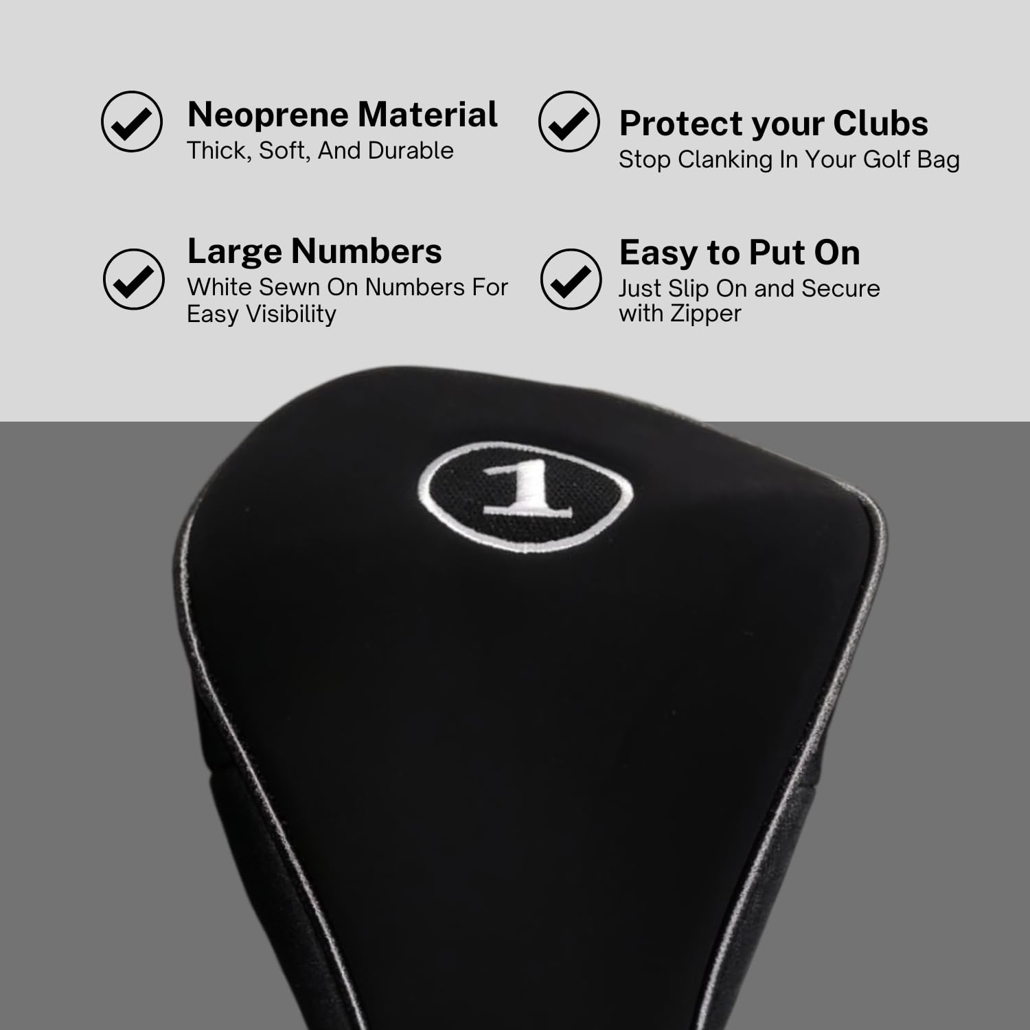 Black Golf Zipper Head Cover Driver 1 Headcover Neoprene Traditional Plain Protective Cover Fits Drivers Up To 460Cc For Golfing