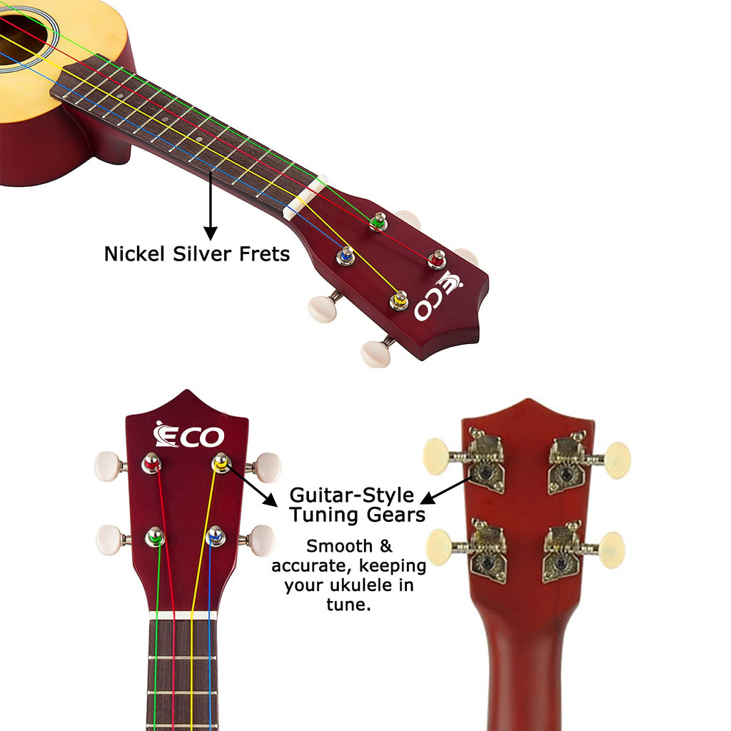 Ieco Soprano Ukulele Beginner Kit For Kids Adults 21 Inch Ukelele Wcase Strap Tuner Strings Picks (Natural)