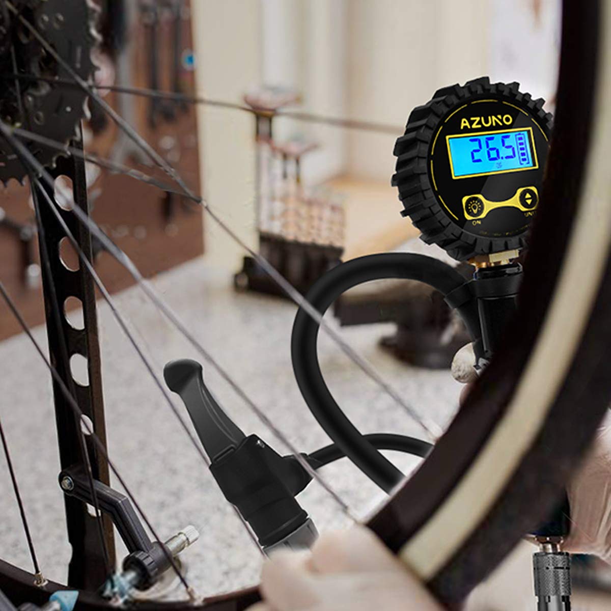Azuno Digital Bicycle Tire Inflator Gauge With Auto-Select Valve Type - Presta And Schrader Air Compressor Tool