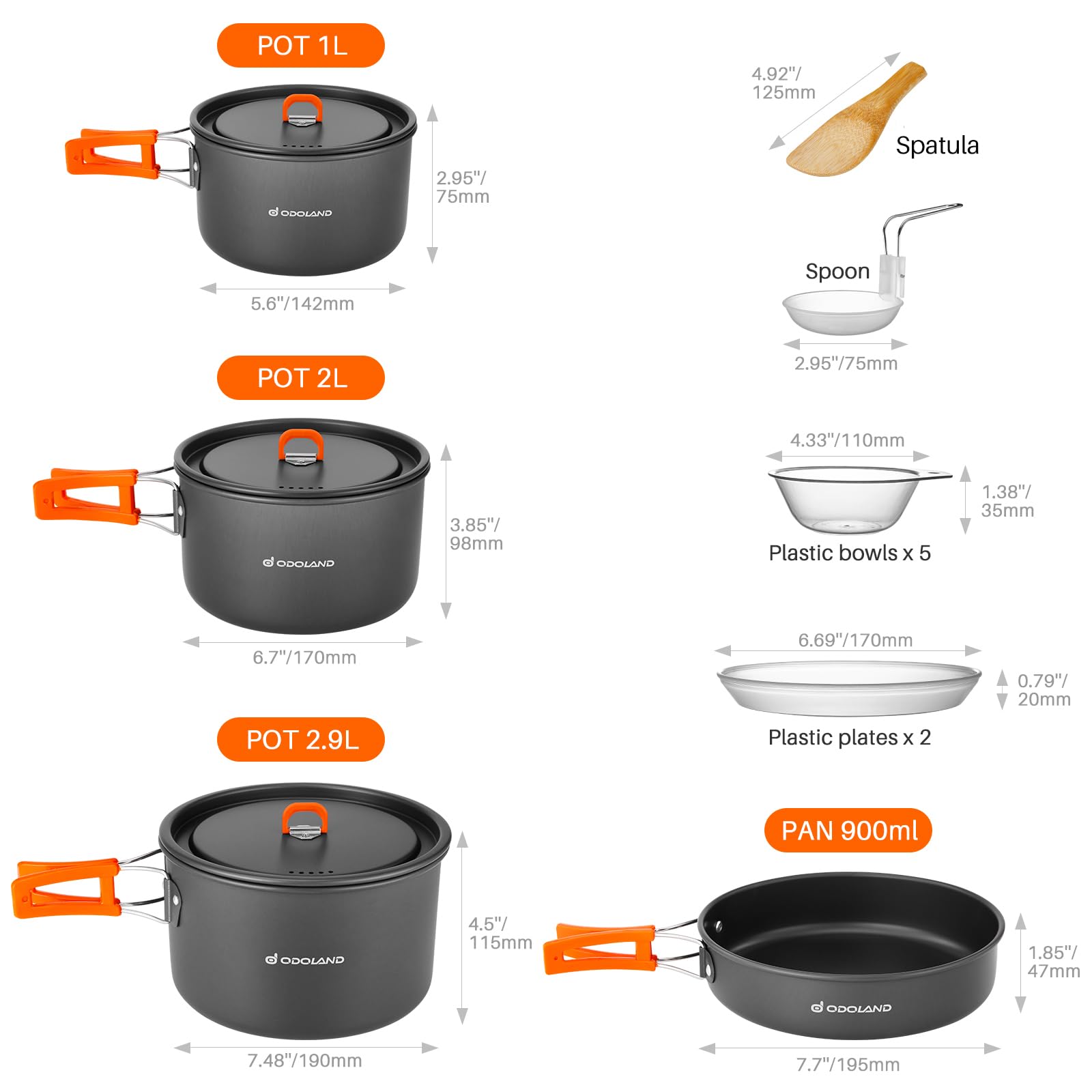 Odoland 15Pcs Camping Cookware Non-Stick Lightweight Camping Pots And Pans Set With Plastic Plates Bowls Soup Spoon For Camping,