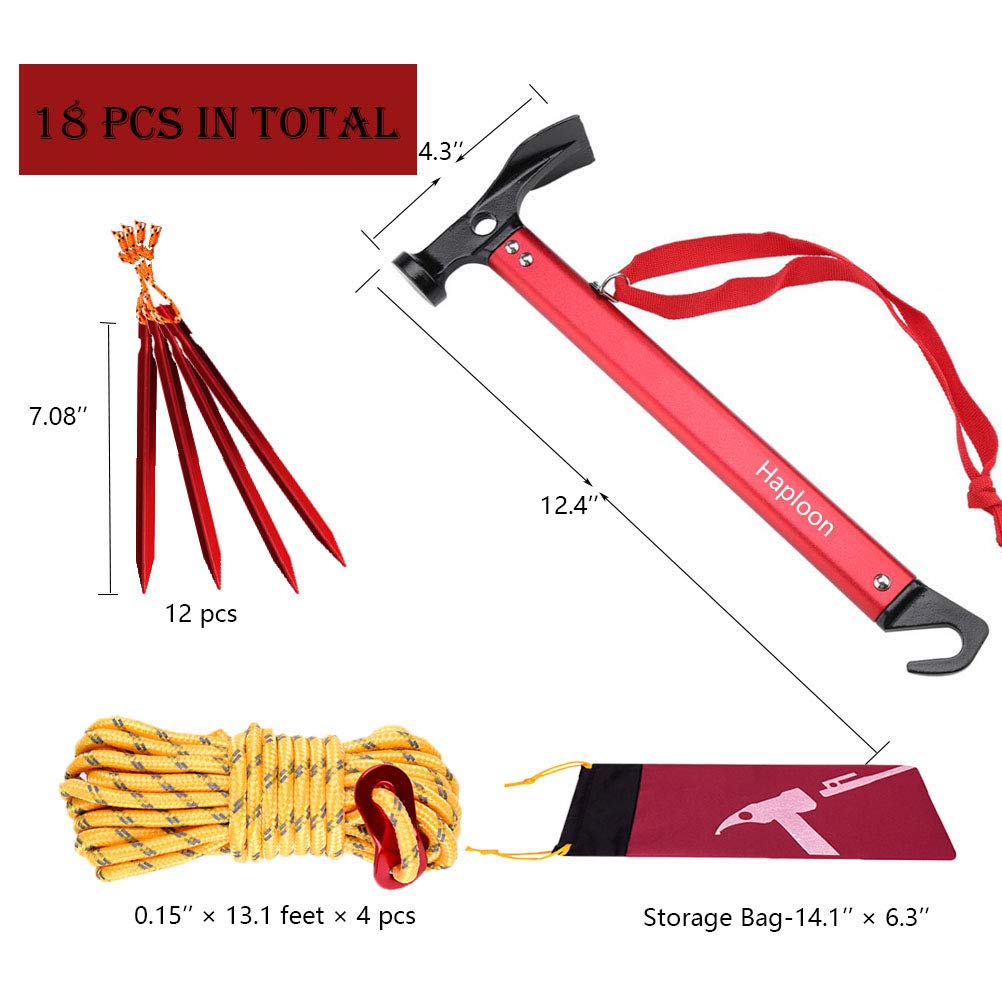 Haploon Camping Accessories Kit, Aluminum Tent Mallet Stake Hammer With Metal Tent Pegs, Nylon Guyline Rope 4X13Ft With Cord Adj