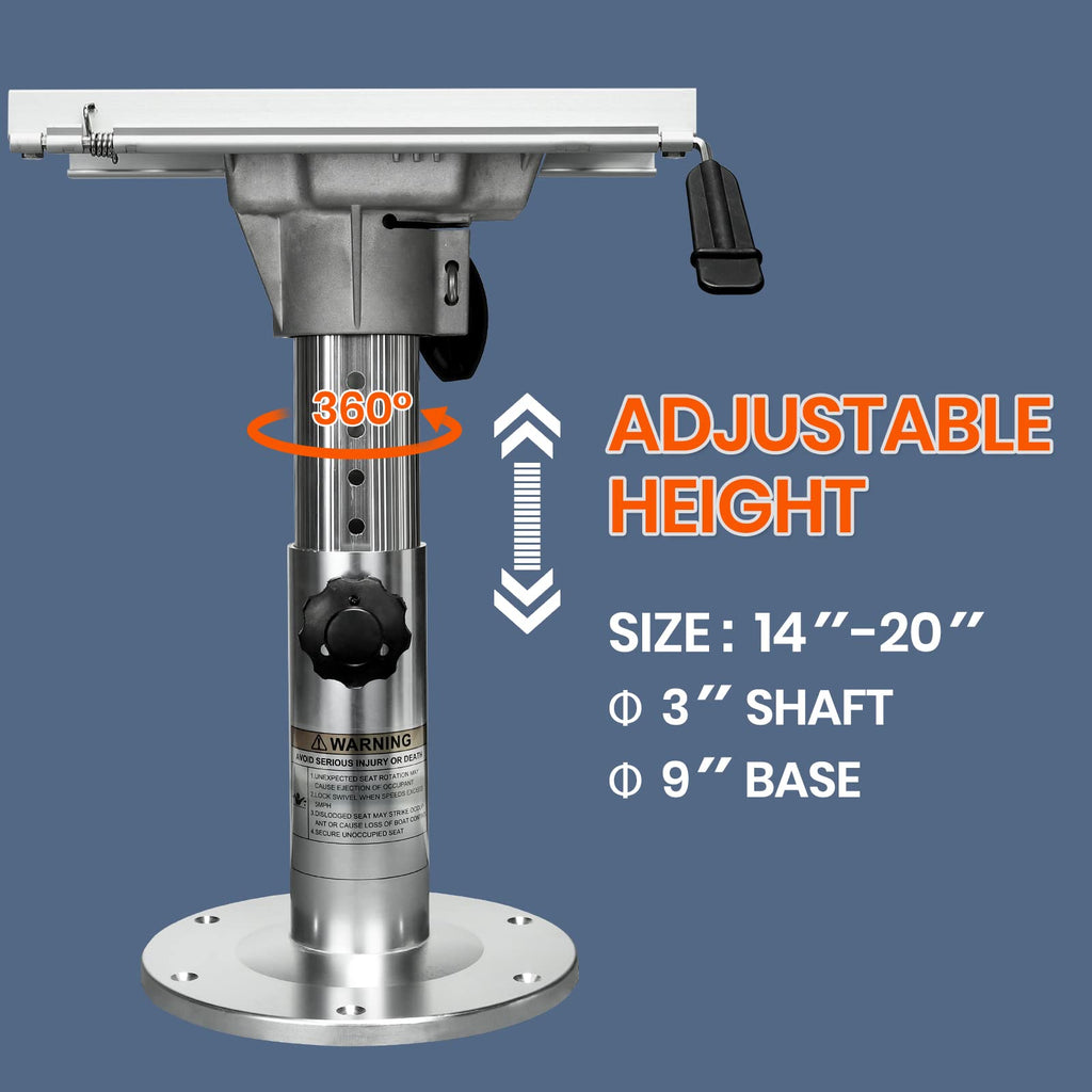 Onhi Adjustable Aluminum Boat Seat Pedestal 14-20 Inch Height With Slide, Locking Mechanism, Silver Matte Brushed Finish, Ideal