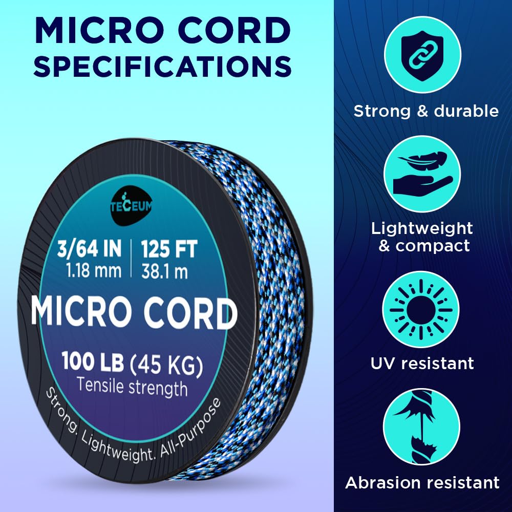 Teceum Micro Paracord - Blue Snake - 1.18 Mm X 125 Ft - Micro Utility Cord - Thin Braided Paracord Rope Nylon Polyester - Wind C