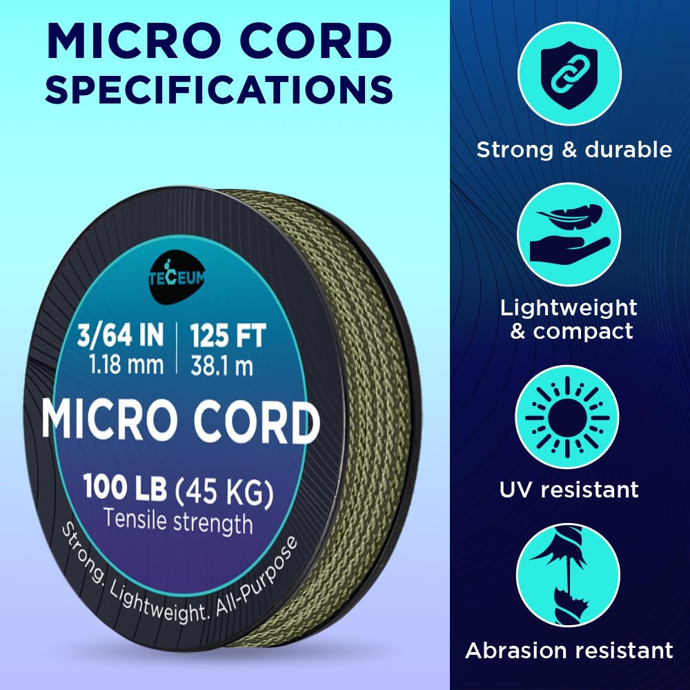 Teceum Micro Paracord - Army Green - 1.18 Mm X 125 Ft - Micro Utility Cord - Thin Braided Paracord Rope Nylon Polyester - Wind C