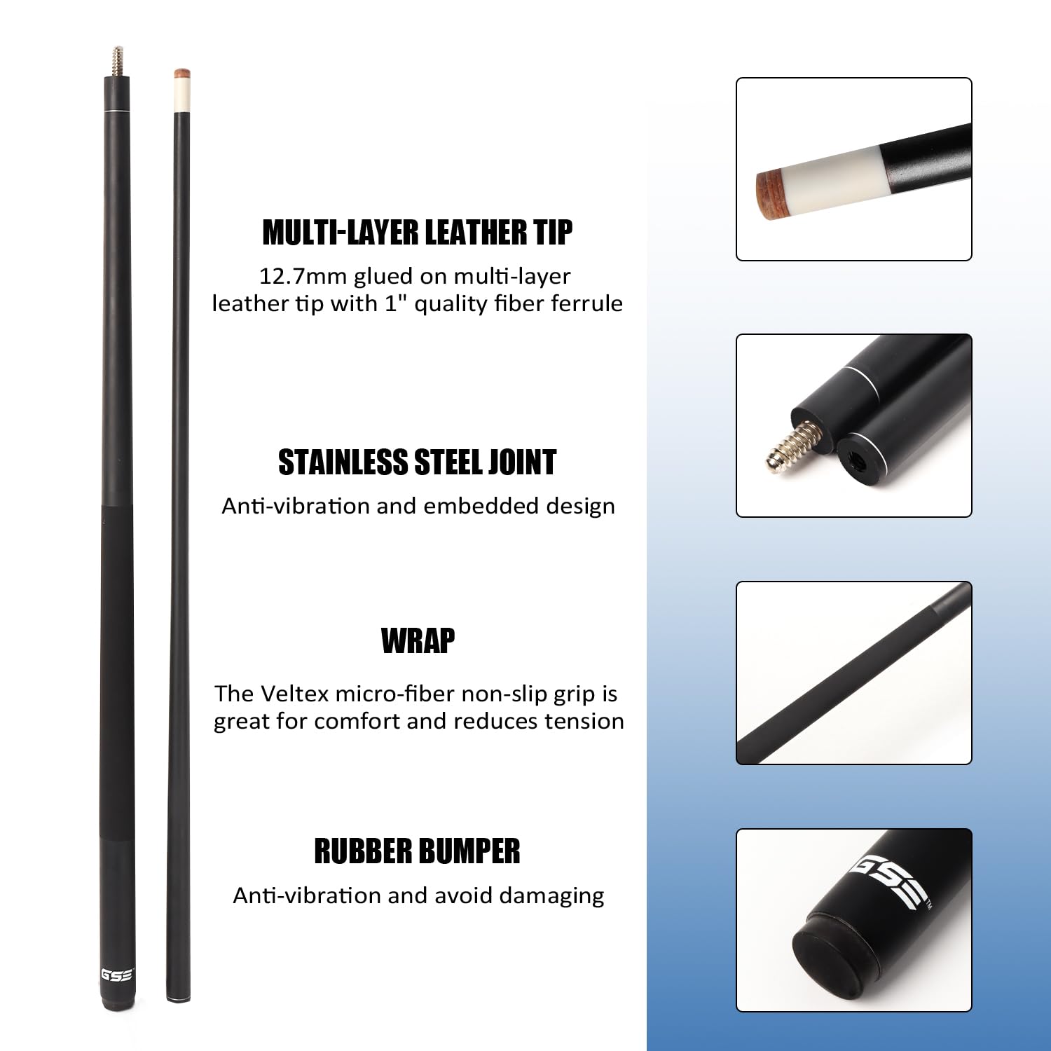Gse 58'' 2-Piece Fiberglass Graphite Composite Billiard Pool Cue Stick (Matte Black, 20Oz)