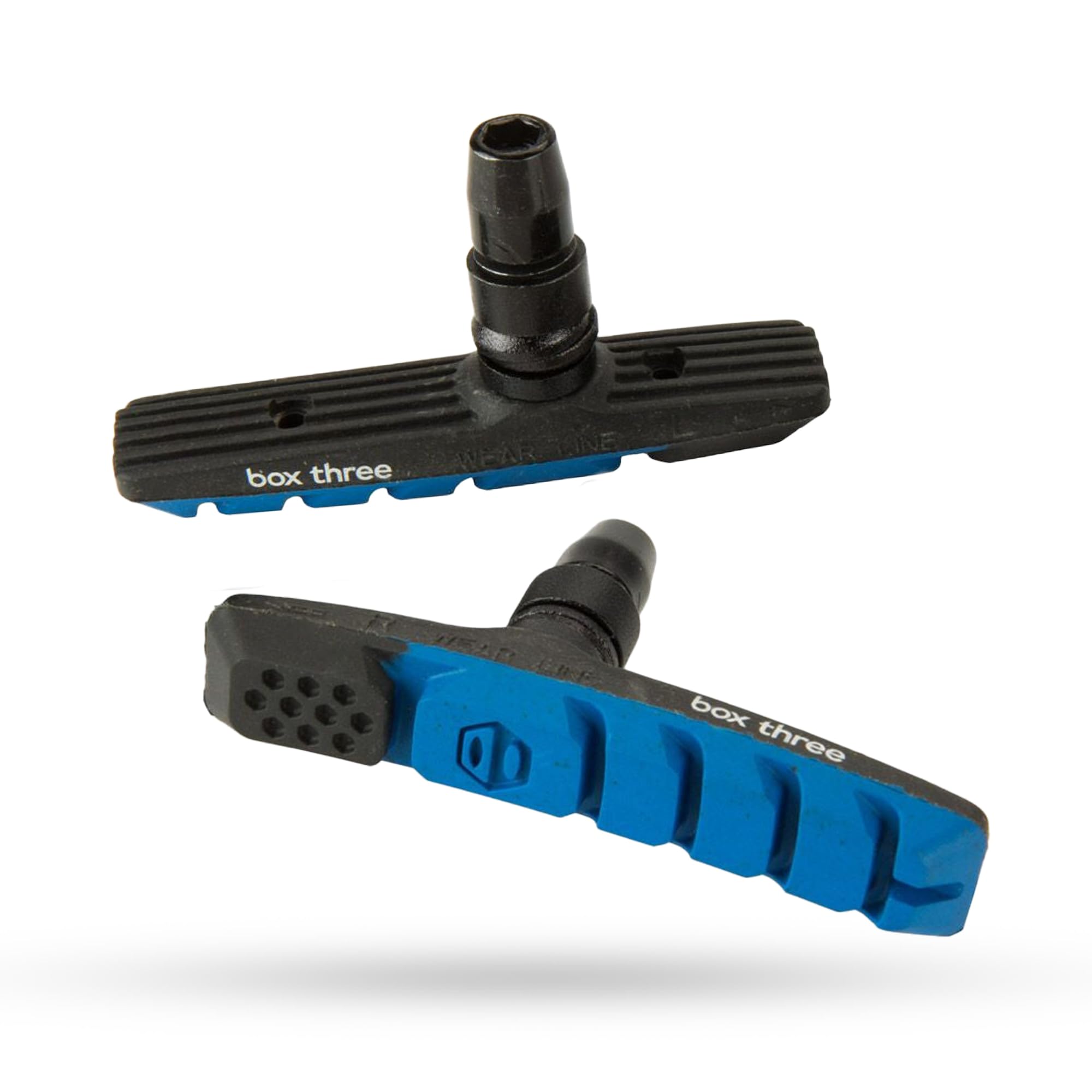 Box Three 70 Millimeters BMX Brake Pads Matte Black w/Pad Printing Body, Dual Compound Rubber Pad & Pivoting Posts | Blue