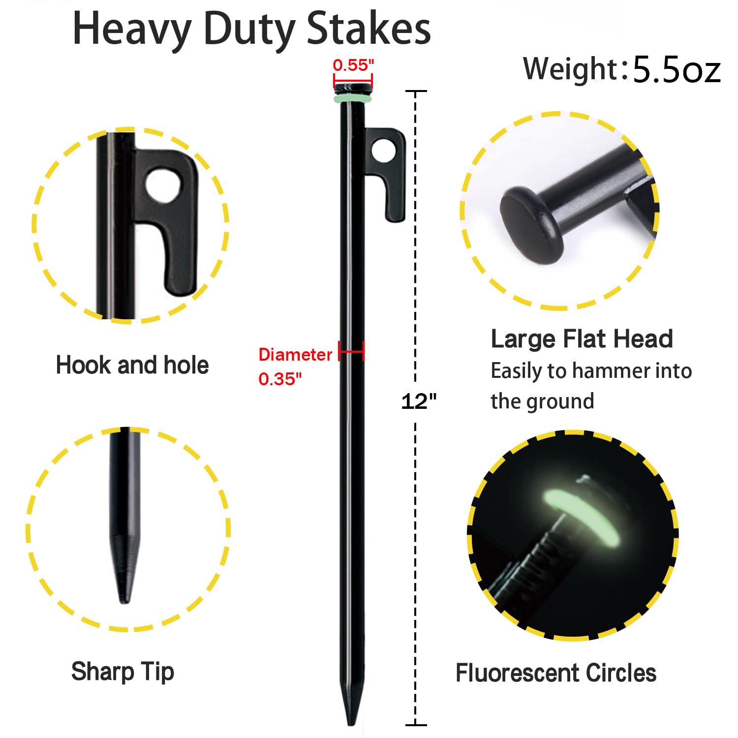 Tent Stake With Hammer, 12-Pack 12In Heavy Duty Tent Stakes + 10In Tent Stakes Hammer+Storage Pouch, Forged Steel Tent Stakes Fo