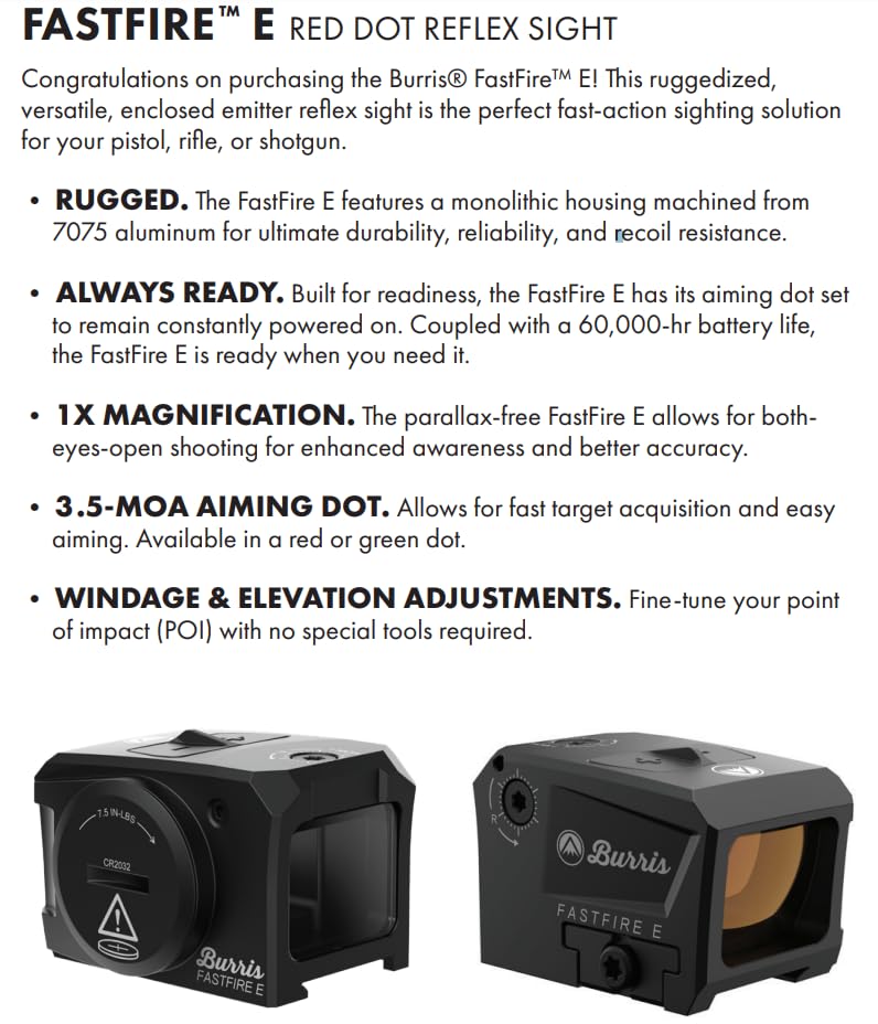 Burris Optics Fastfire E Red Dot Sight Fully Enclosed Emitter, 3.5 MOA, ACRO Footprint, 60,000 Hours, Waterproof Shockproof Fogp
