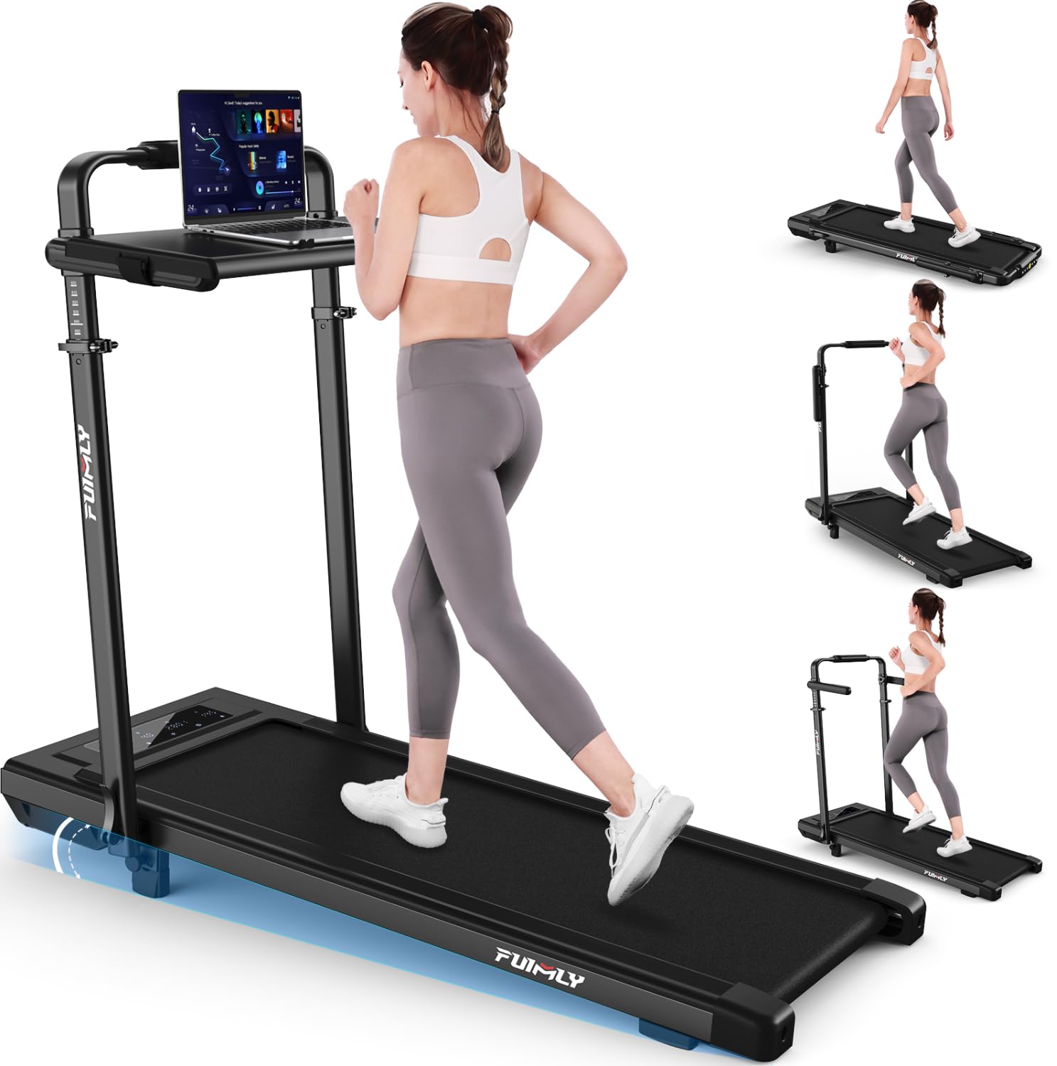 Walking Pad Treadmill with Removable Desk Workstation, 15% Incline Treadmill with Handle Bar, Foldable Treadmills Under Desk, Ad