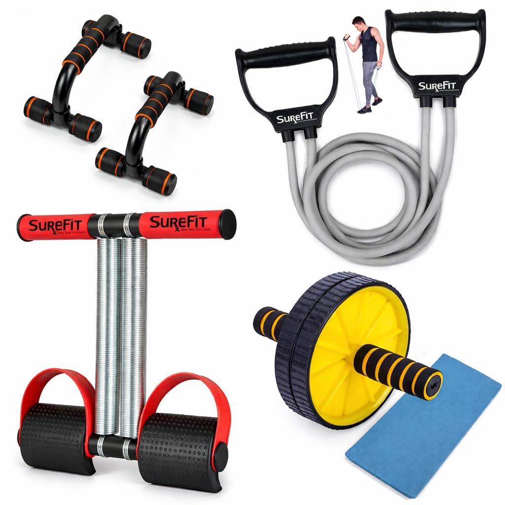 SUREFIT 4in1 Home Gym Fitness Kit  Double Spring Tummy Trimmer, Resistance Toning Tube, Ab Roller & PushUp Bar  Full Body W