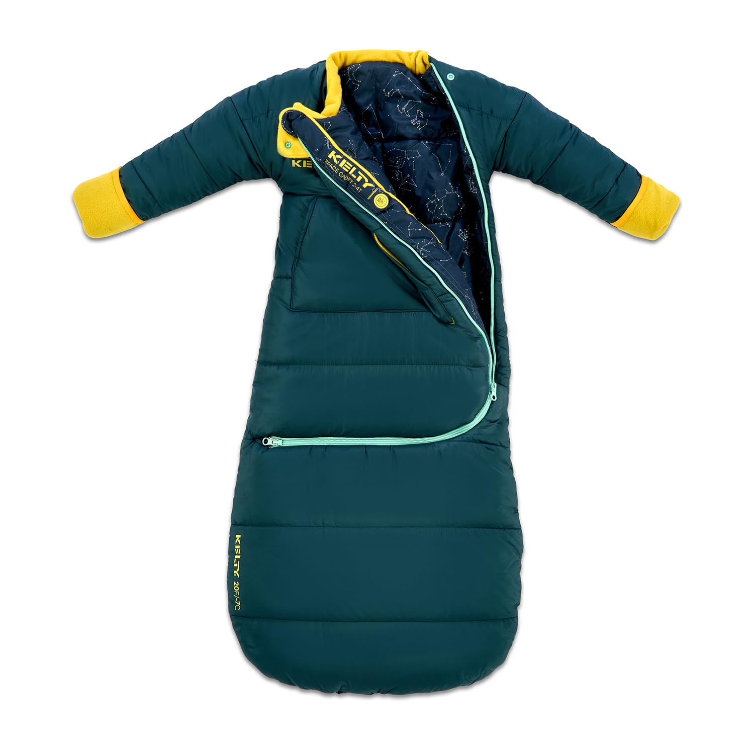 Kelty Space Cadet Infant and Toddler Sized Arms-Out Sleeping Bag, 30-40F Degree Rated, 8M-4T, Fleece-Lined Hand Covers (30F / 2-