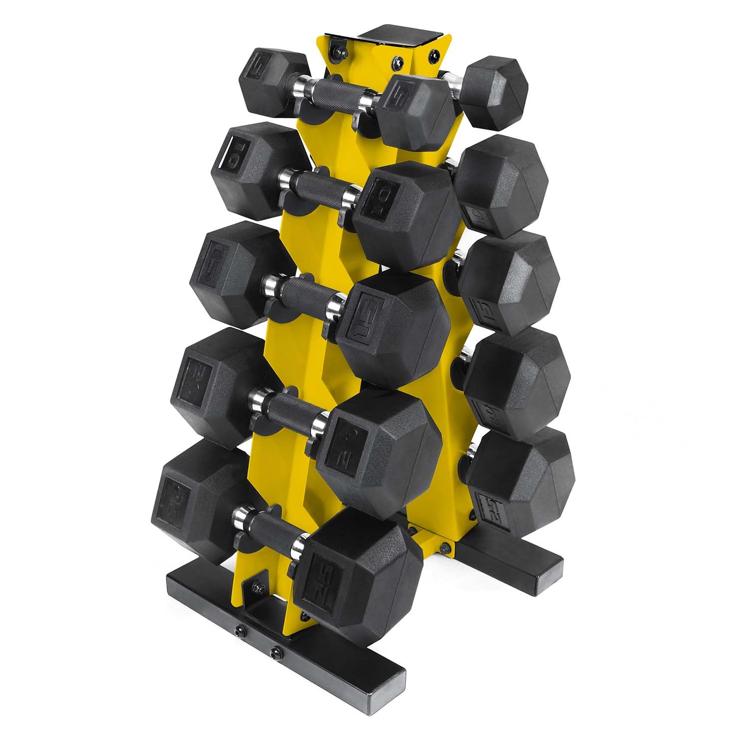 CAP Barbell 150lb Comfort Grip Rubber Hex Dumbbell Set with Vertical Yellow Rack
