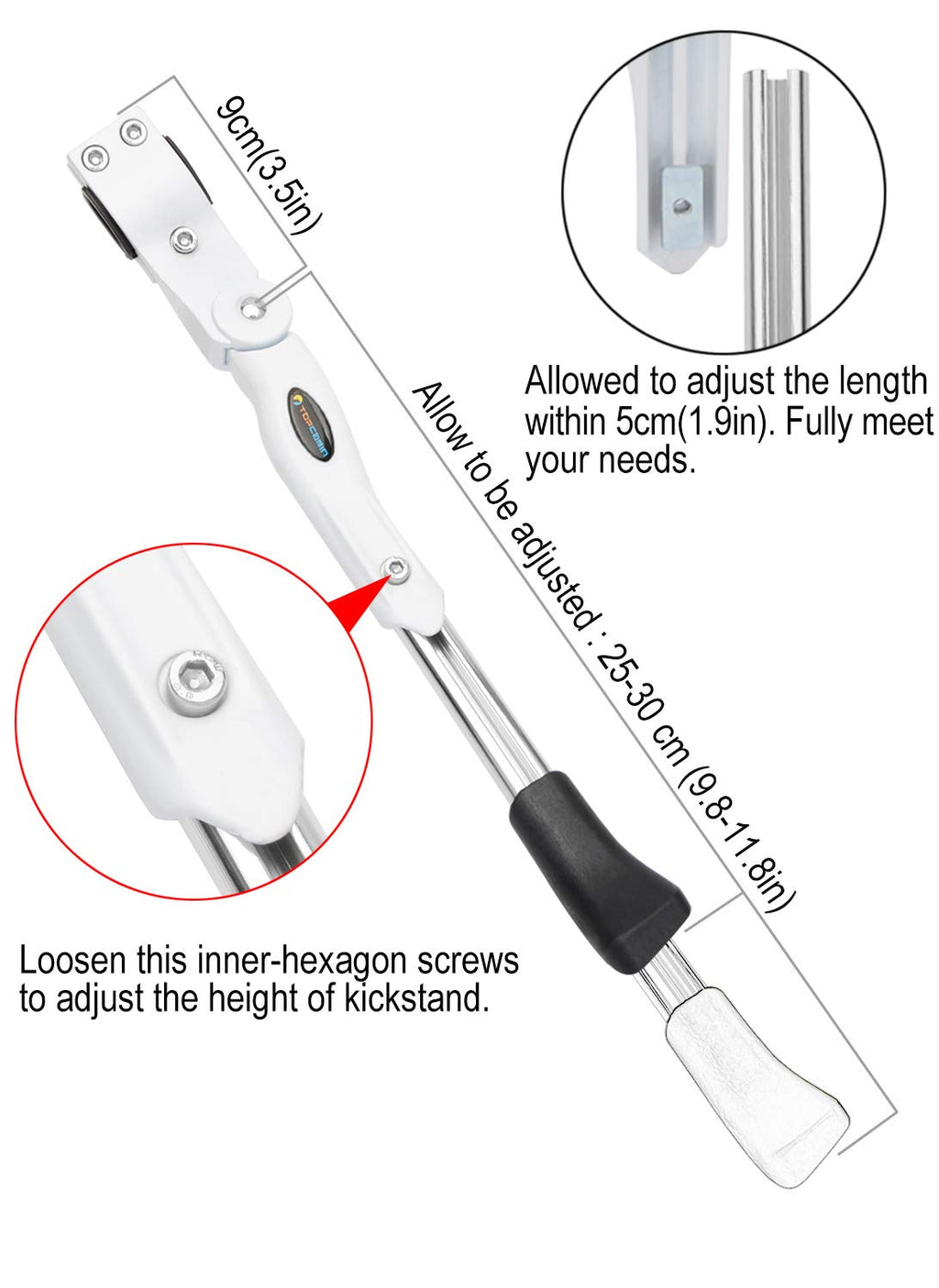 Topcabin Bicycle Adjustable Aluminium Alloy Bike Bicycle Kickstand Side Kickstand Fit For 22'' 24'' 26''- White
