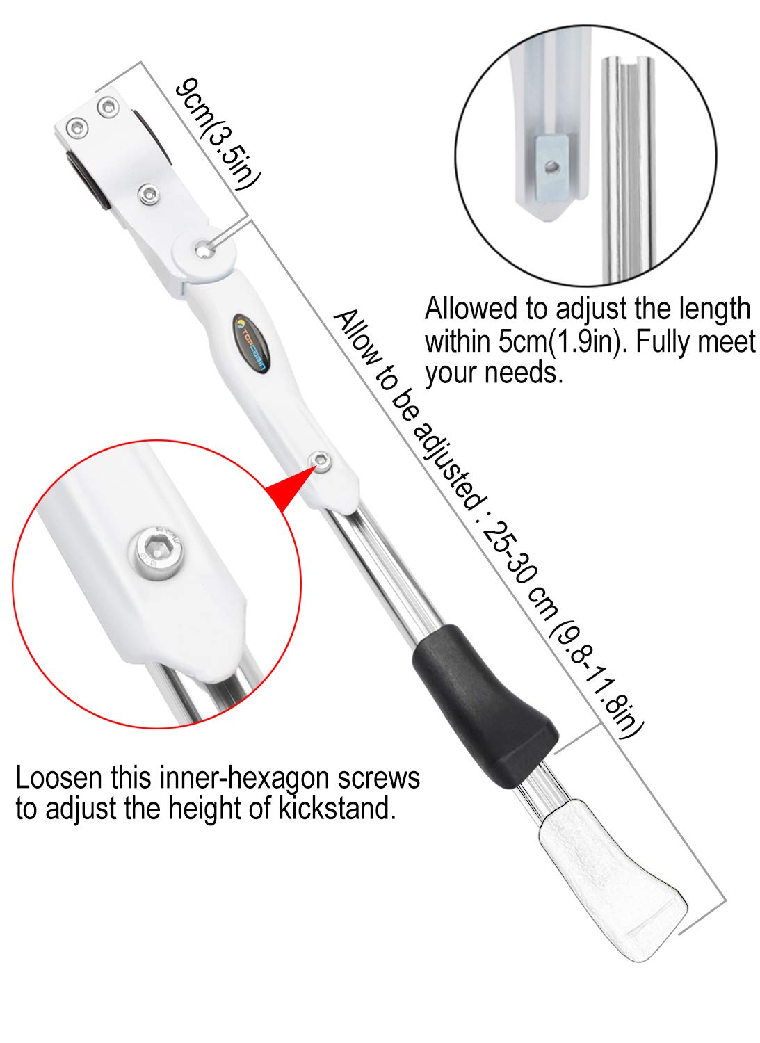 Topcabin Bicycle Adjustable Aluminium Alloy Bike Bicycle Kickstand Side Kickstand Fit For 22'' 24'' 26''- White