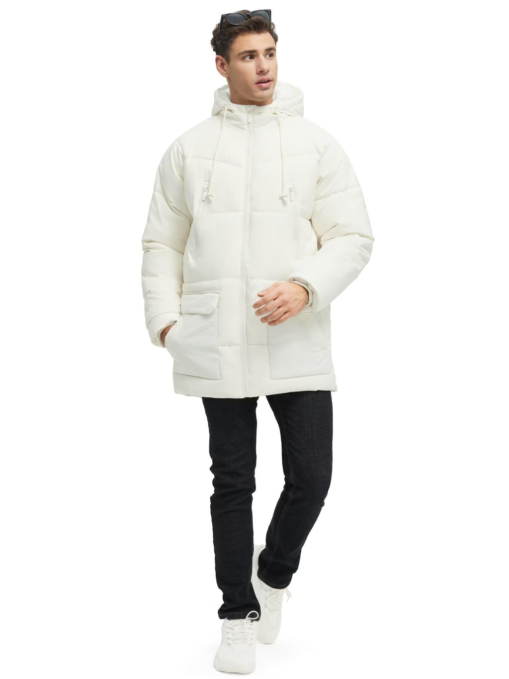Rejork Men s Long Winter Coat Hooded Warm Quilted Jacket Water-resistant Cold Weather Parka Biege XL