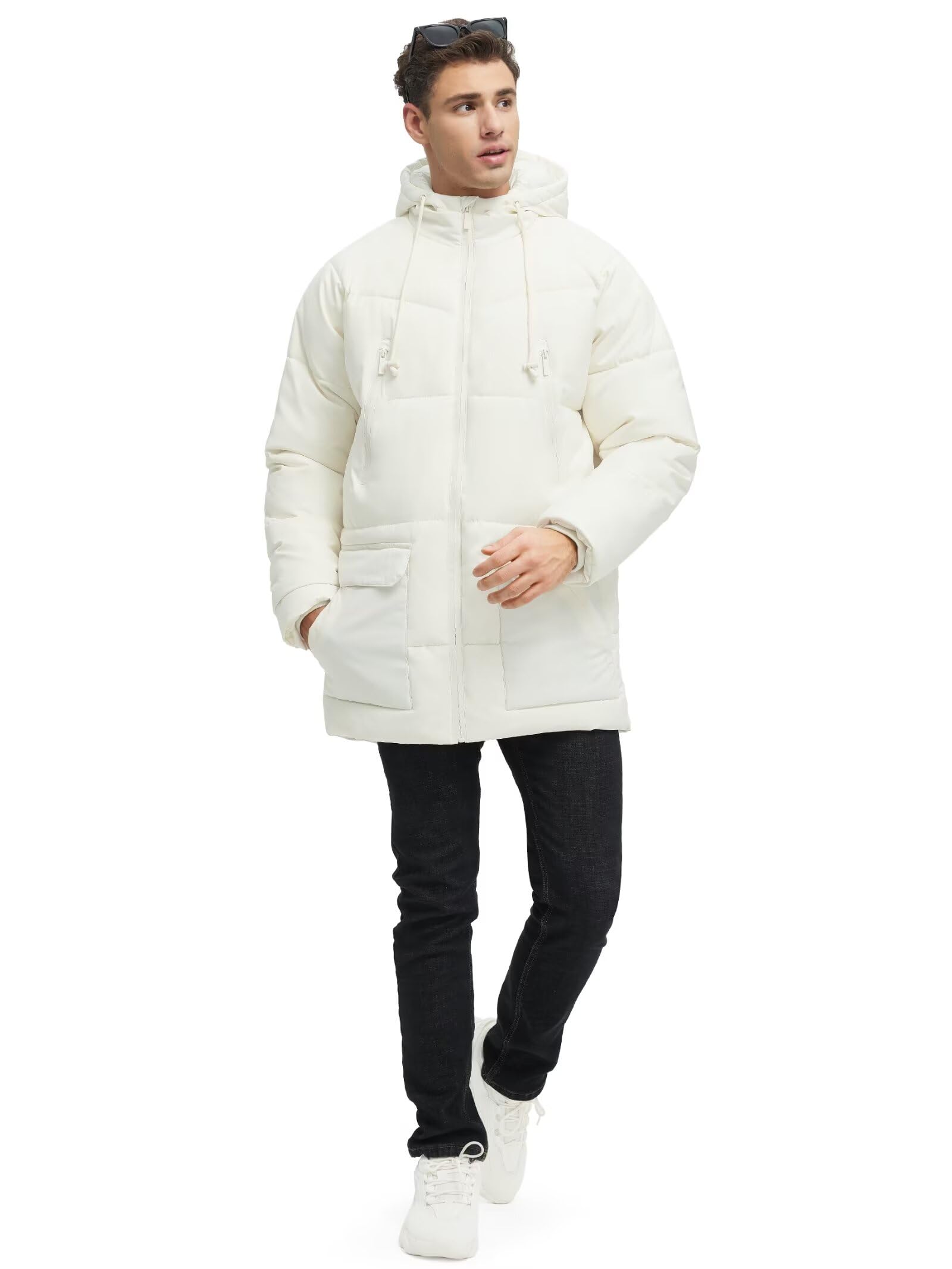 Rejork Men s Long Winter Coat Hooded Warm Quilted Jacket Water-resistant Cold Weather Parka Biege 2XL