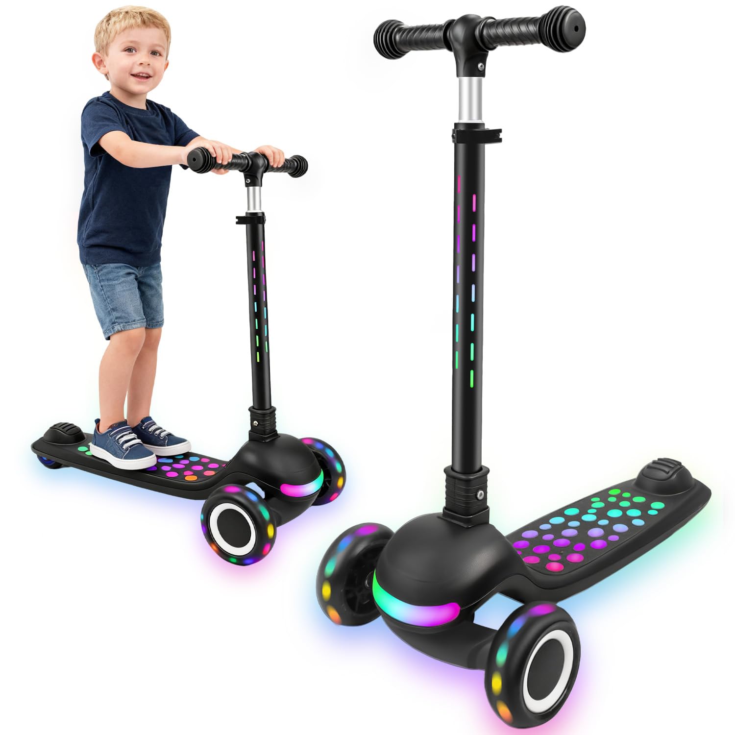 Light Up 3 Wheel Kick Scooter for Kids Toddlers with LED Sync Lights, Flashing Stem & Wide Polka Dot Deck Adjustable Height Musi