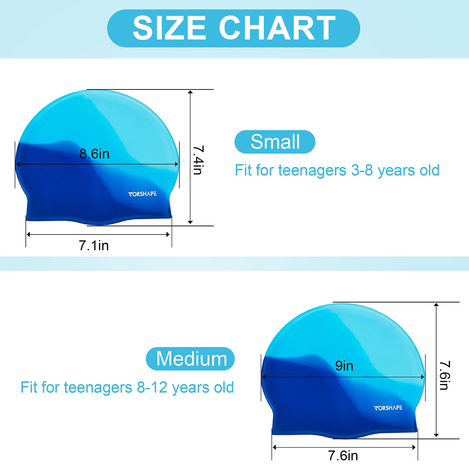 Vorshape Swim Cap Kids (2 Pack), Durable Waterproof Swimming Cap For Girls Boys Teens Toddler, Comfortable Fit For Long Hair And