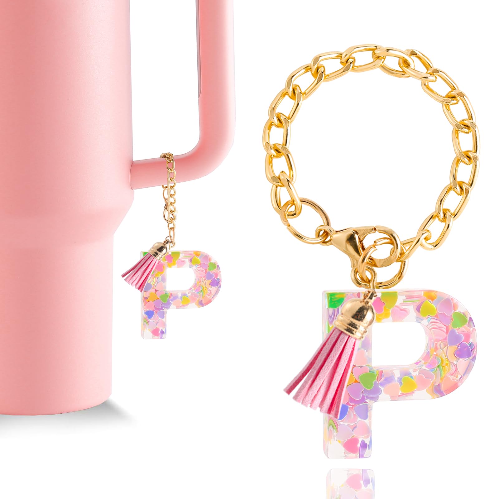 Letter Charm Accessories for Stanley Cup 1 PCS Cute Initial Keychain Handle Charm for Stanley Tumbler for Women Pink Letter P