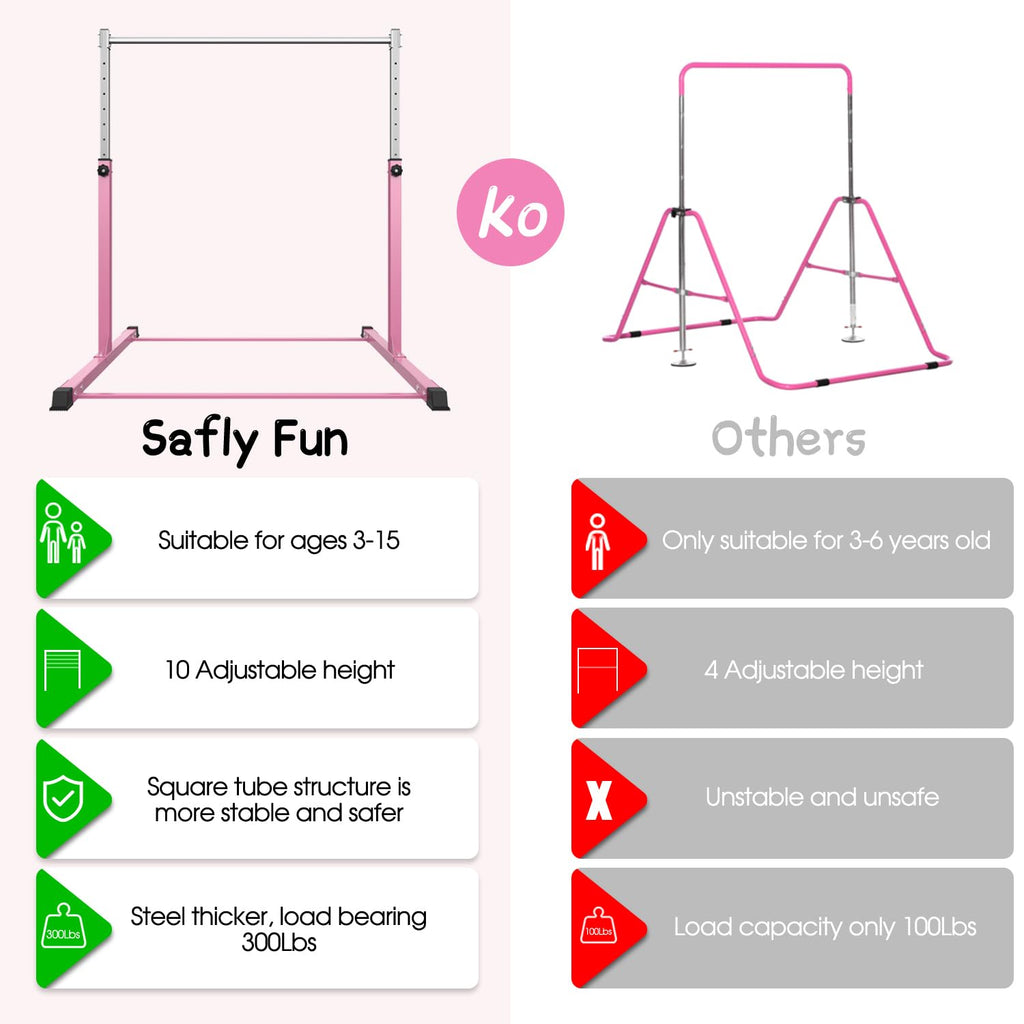 Safly Fun Gymnastics Bar For Kids Ages 3-15 For Home - Steady Steel Construction, Anti-Slip, Easy To Assemble, 3' To 5' Adjustab