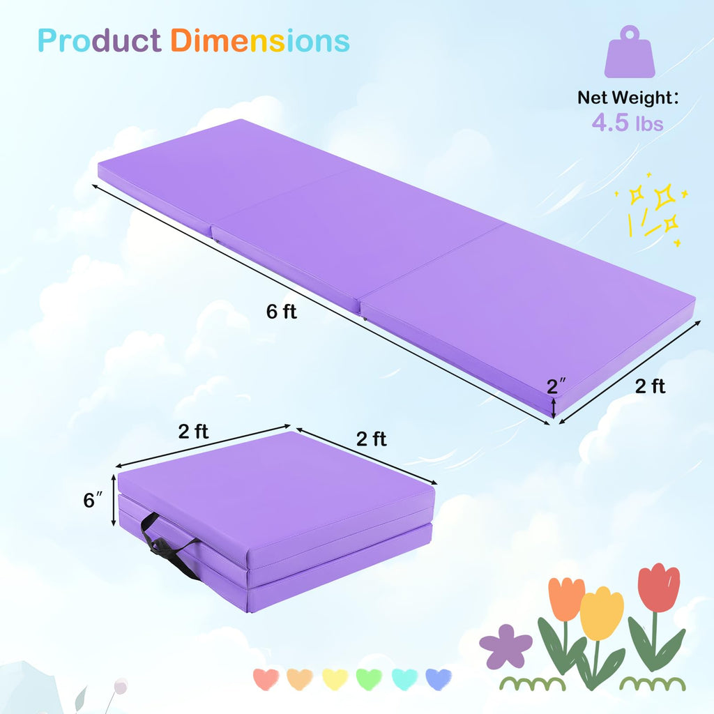 Gymax Folding Gymnastics Mat, Tri-Fold 6X 2X 2Exercise Mat With Carrying Handles, Waterproof Pu Leather, Hook & Loop Fasteners,