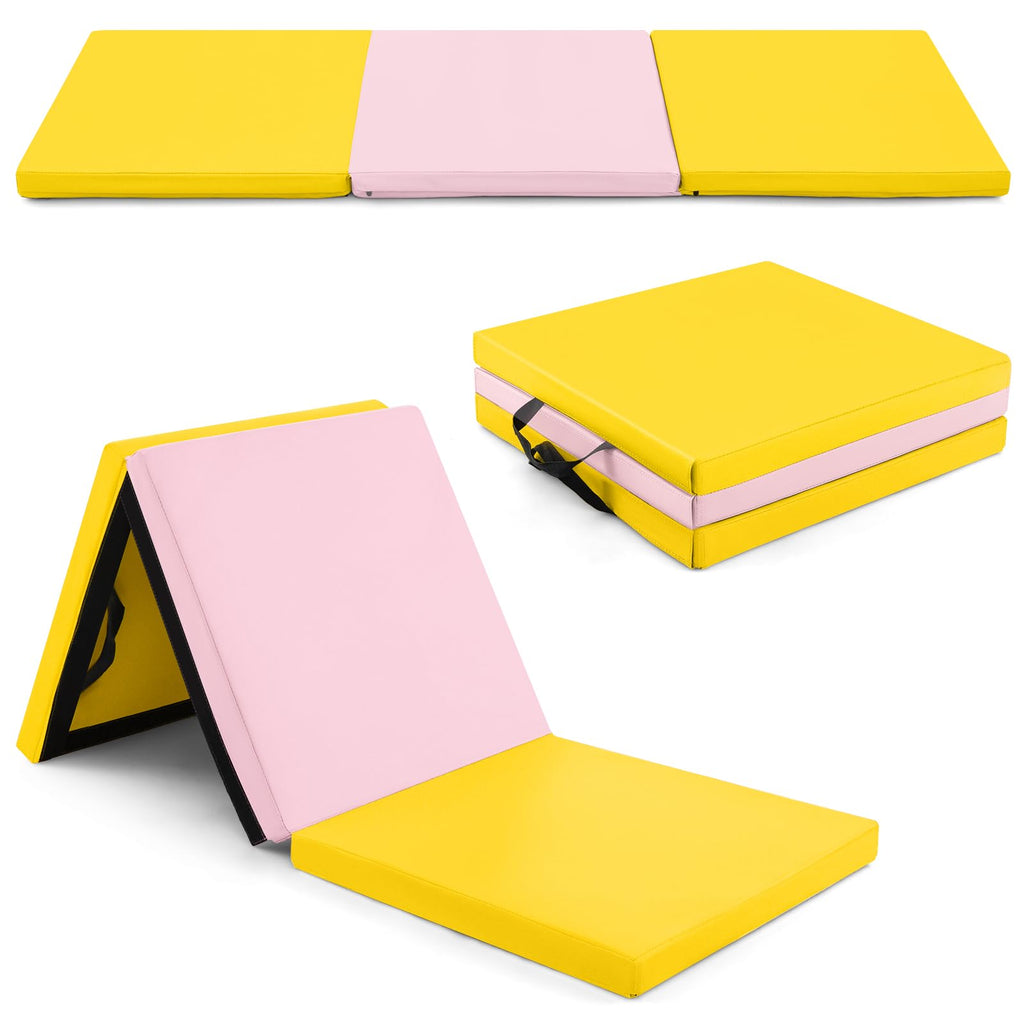 Goplus Folding Gymnastics Mat, Tri-Fold 6X 2X 2? Tumbling Exercise Gym Mat With Pu Leather Cover, Hook & Loop Fastener & Carryin
