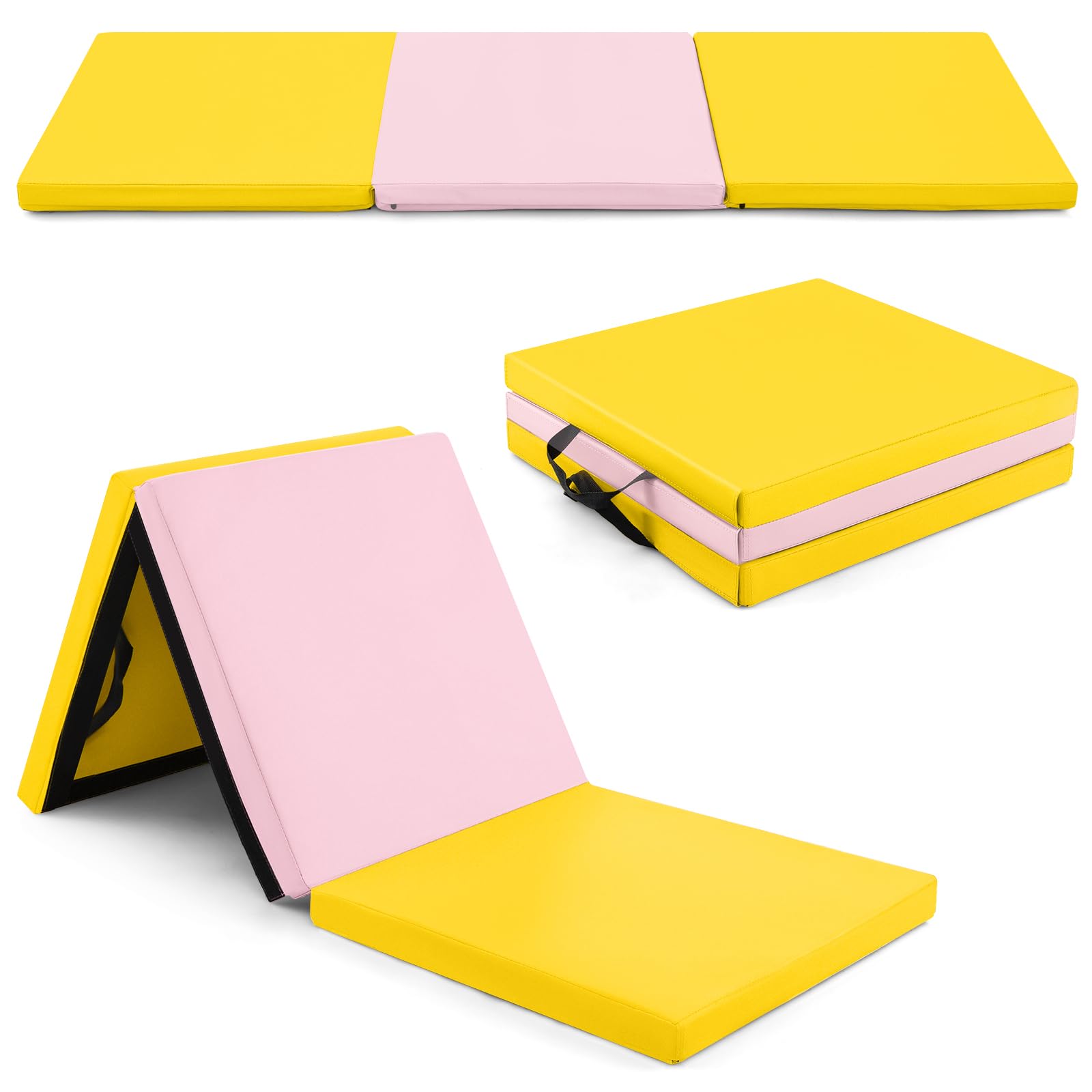 Goplus Folding Gymnastics Mat, Tri-Fold 6X 2X 2? Tumbling Exercise Gym Mat With Pu Leather Cover, Hook & Loop Fastener & Carryin