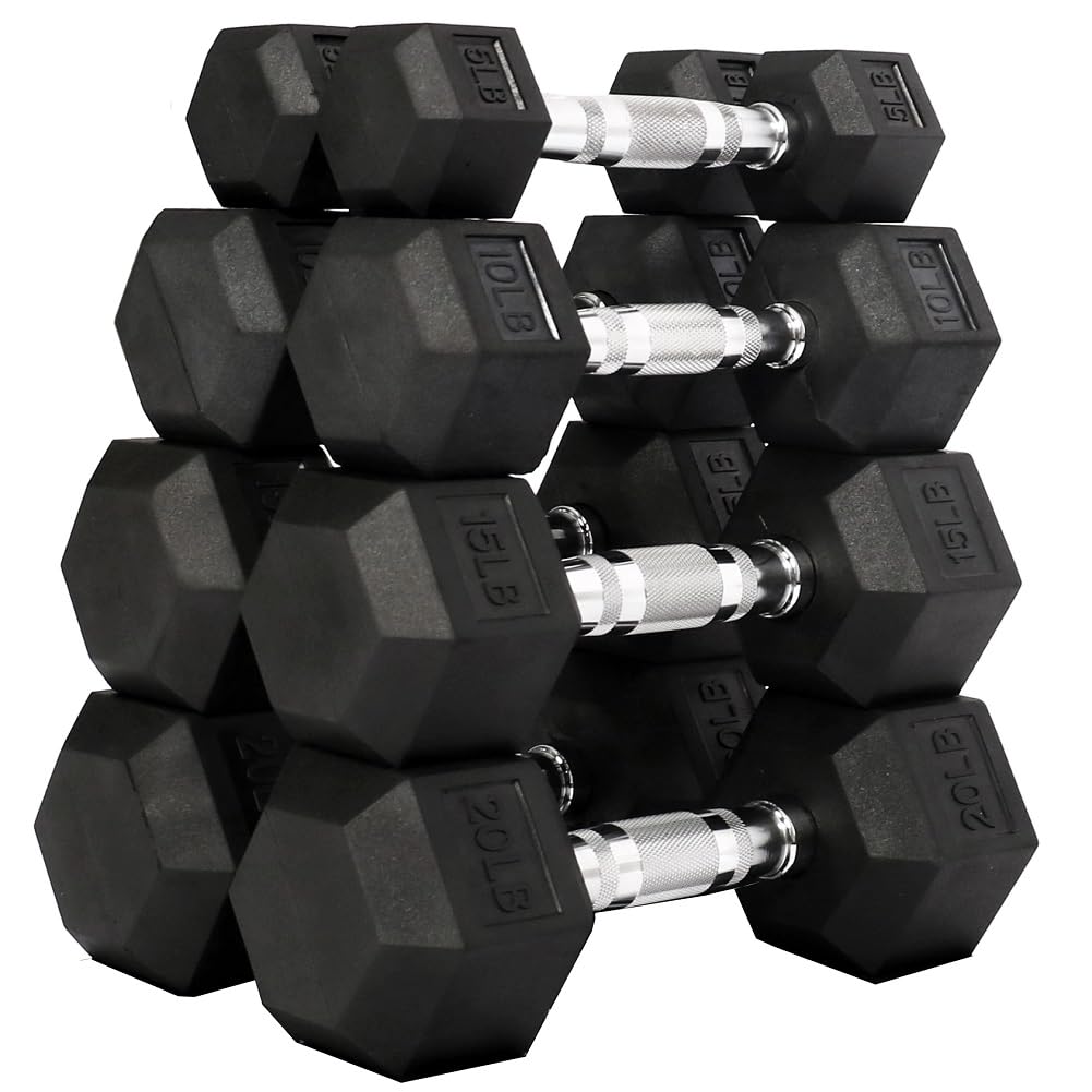 Fitvids Rubber Encased Hex Dumbbell, Set Including 5, 10, 15, 20Lb Pairs