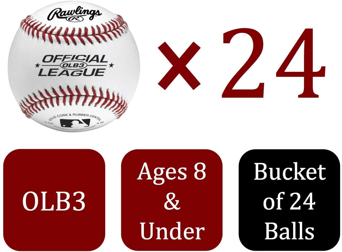 Rawlings Official League Recreational Grade Olb3/R8U Baseballs, Bucket Of 24 Balls, Olb3Buck24