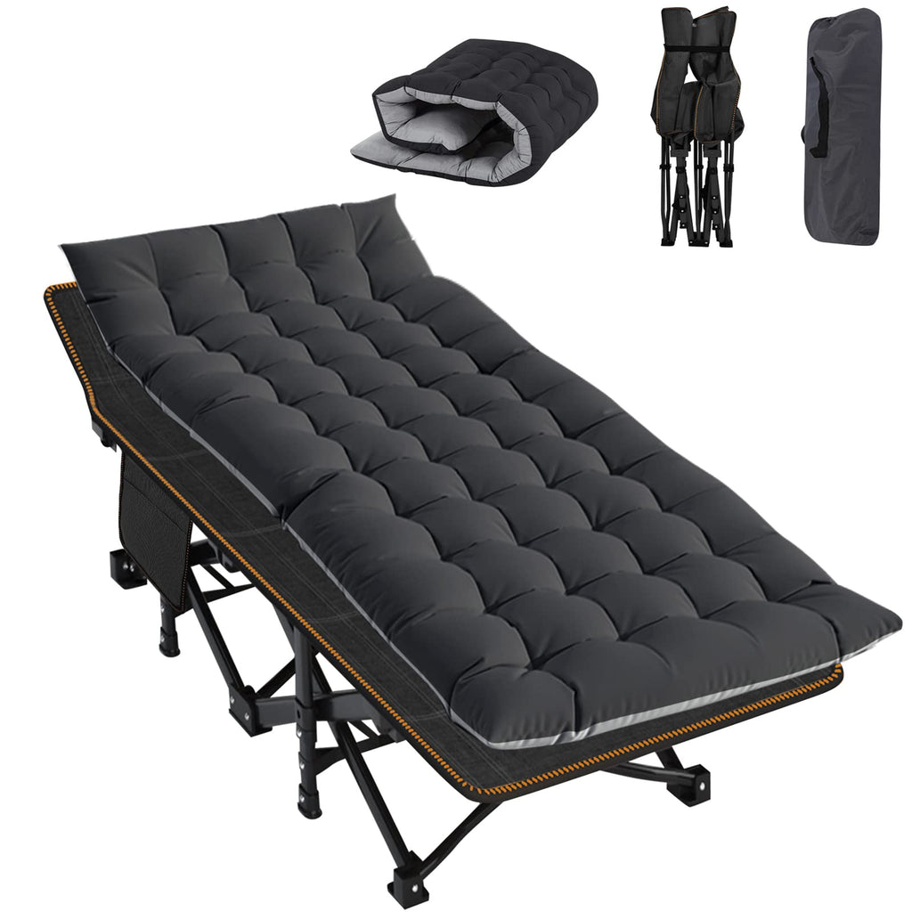 Aboron Folding Camping Cot W/Mat For Adults, Heavy Duty Outdoor Bed With Carry Bag,1200 D Layer Oxford Travel Camp Cots (Black C