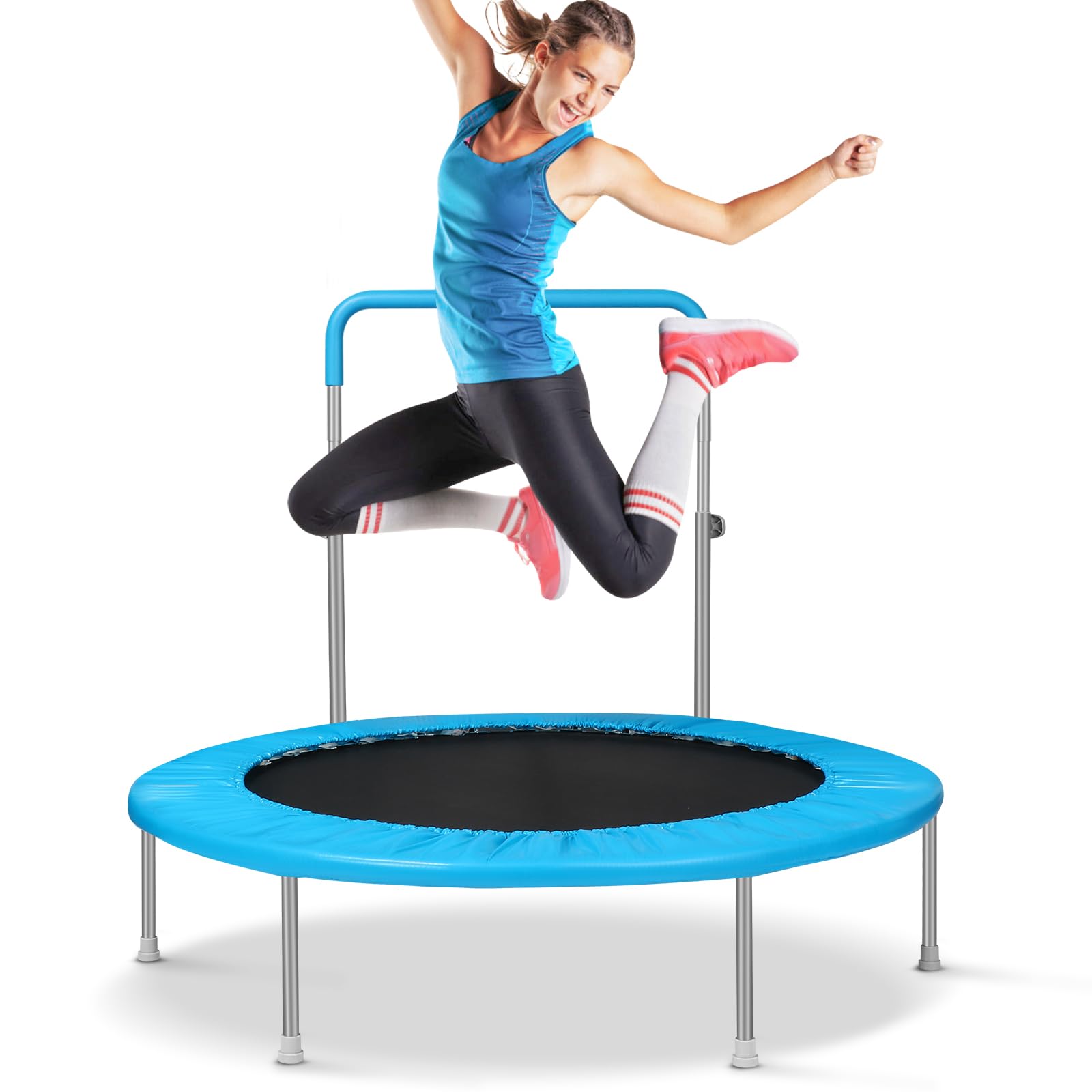 Lyromix 48Inch Mini Fitness Trampoline for Adults and Kids, Small Exercise Trampoline with Adjustable Handle for Indoor Outdoor 